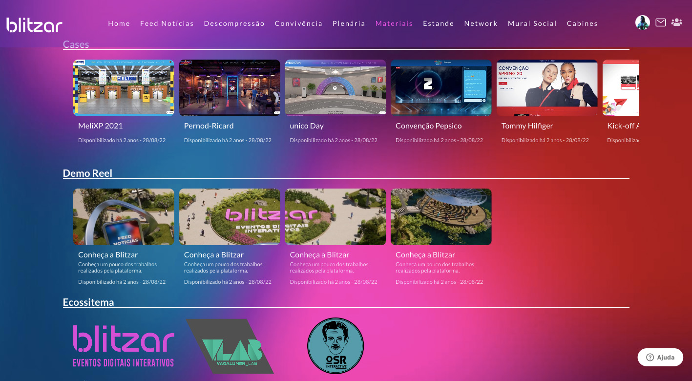 Transmissão de evento virtual com conteúdo ao vivo em plataforma customizada